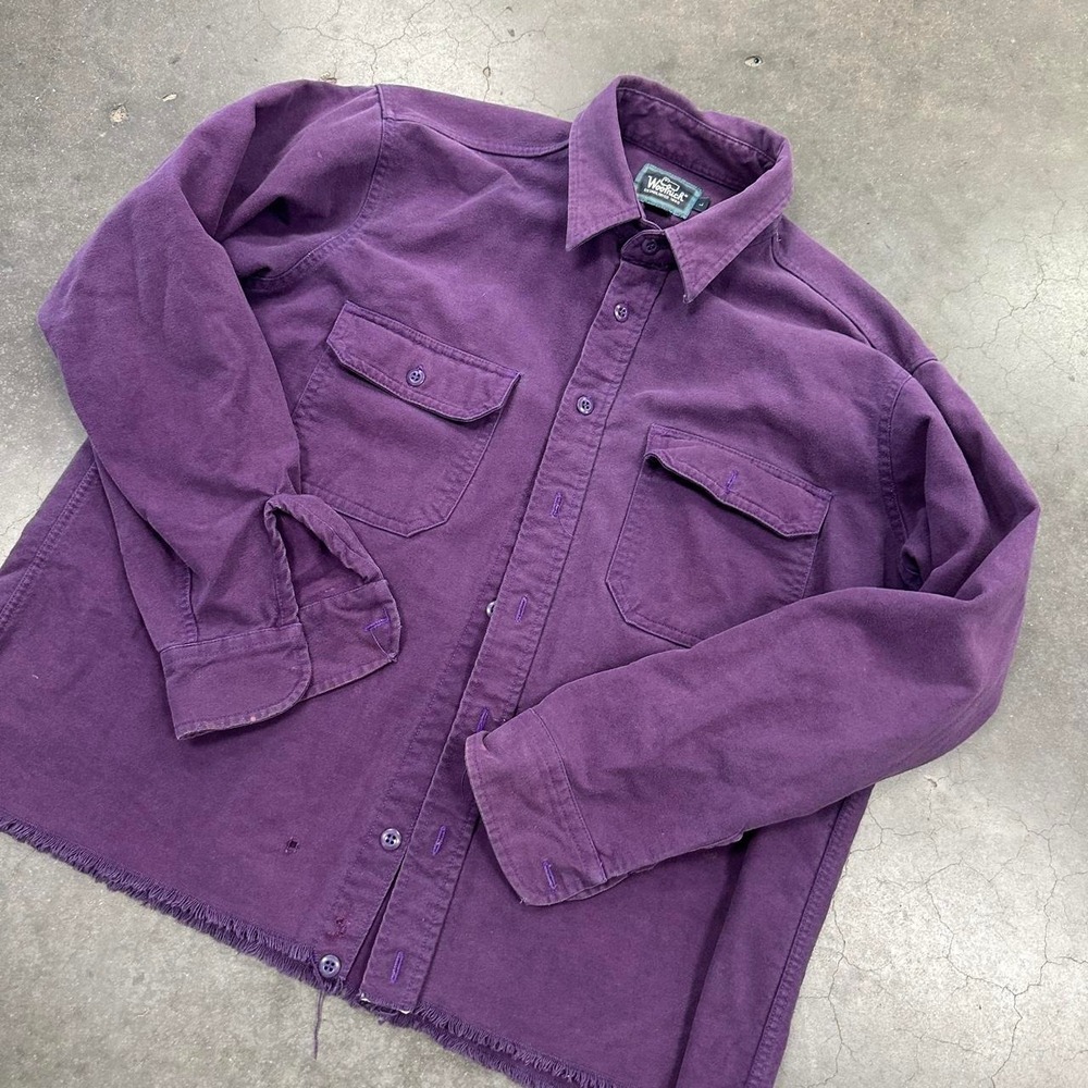 Vintage Woolrich Purple Chamois Shirt Distressed Thrashed Grunge Raw Hem Sz Lrg - Picture 2 of 6